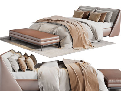 现代双人床、床尾凳