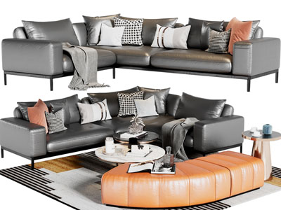 现代转角多人沙发、沙发凳和茶几组合