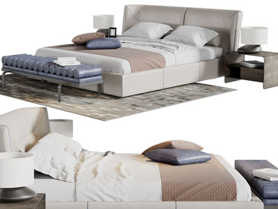 现代双人床、床尾凳