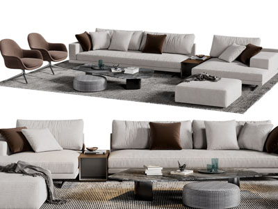 现代多人沙发、休闲椅子和茶几组合