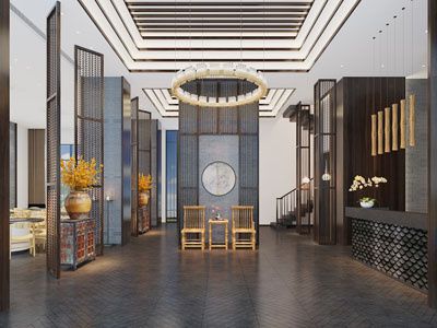 新中式酒店大堂前台、玄关门厅