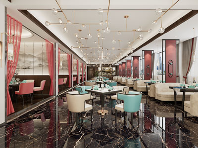 新中式酒店大堂就餐区、宴客厅