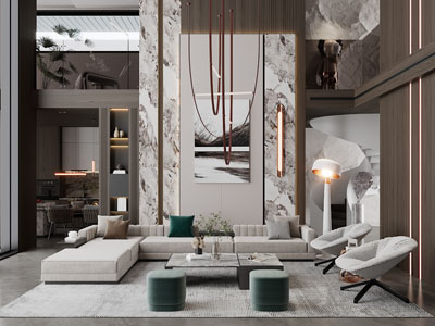 现代别墅挑高客厅餐厅