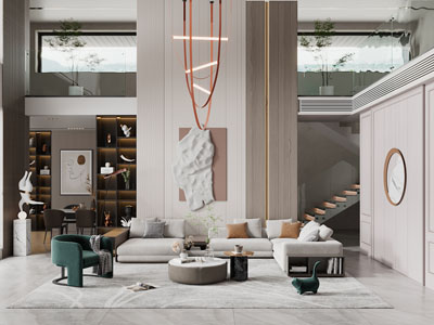 现代别墅挑高客厅餐厅