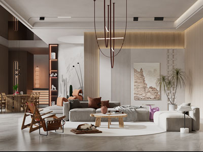 侘寂风别墅挑高客厅餐厅