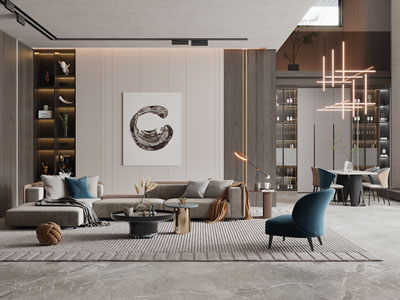 现代别墅客厅餐厅