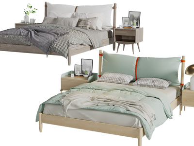 新中式实木双人床、床头柜