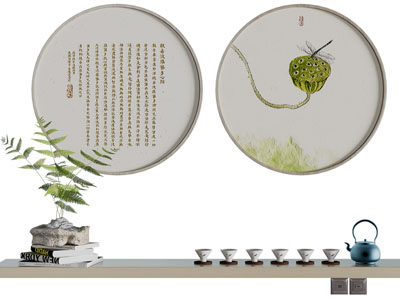 新中式茶壶茶具、装饰挂画