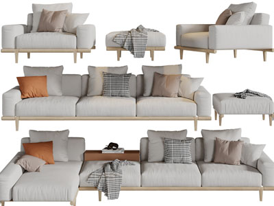 新中式单人沙发、布艺转角多人沙发和脚踏组合