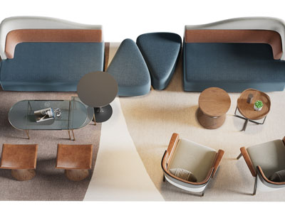 现代拼接多人沙发、边几和休闲椅子组合