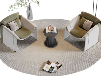 新中式单人沙发、边几和圆形编织地毯3d模型 新中式单人沙发、边几和圆形编织地毯