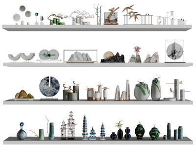 新中式置物架上的陶瓷器皿、摆件组合