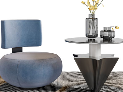 新中式单人沙发、边几3d模型 新中式单人沙发、边几