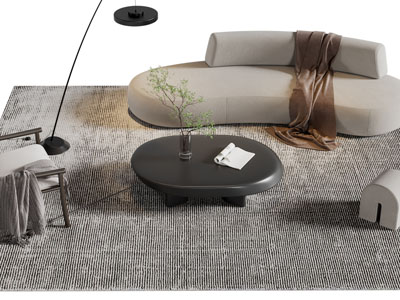 侘寂风弧形多人沙发、不规则茶几和休闲椅子组合