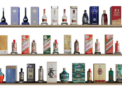 排列整齐的各种瓶装茅台白酒、包装盒