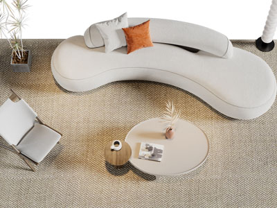 侘寂风弧形多人沙发、圆形茶几和休闲椅子组合