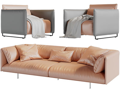 新中式皮质多人、单人沙发组合