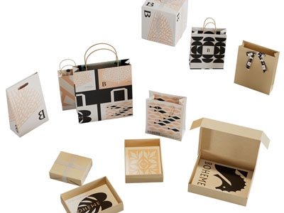 现代不同种类的纸质包装袋、包装盒