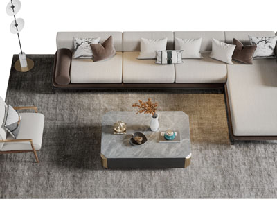 新中式转角多人沙发、方形茶几和休闲椅子组合