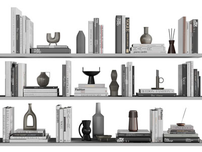 现代排列在置物架上的书籍、摆件组合
