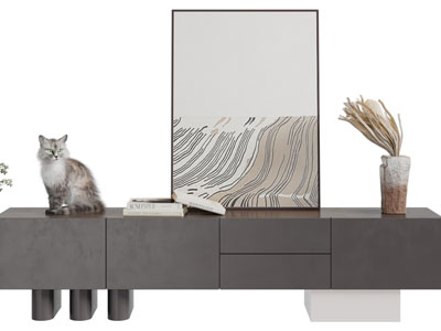 现代黑色电视柜、装饰挂画