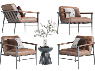 新中式皮质休闲椅子、边几