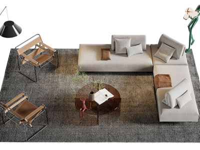 现代布艺转角沙发、玻璃圆形茶几、休闲椅子组合