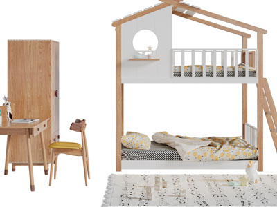 北欧实木儿童上下铺、书桌椅组合