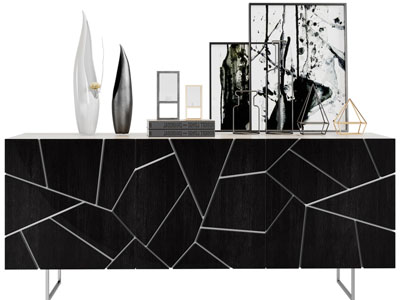 新中式几何图案的电视柜、摆件组合