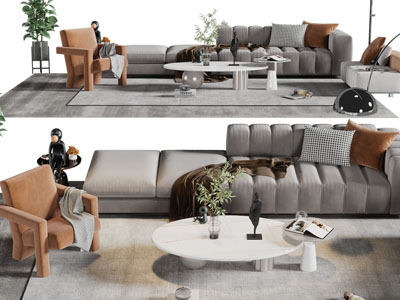 侘寂风布艺多人沙发、休闲椅子和不规则茶几组合