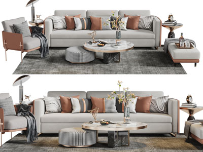 新中式多人、单人沙发、坐凳和圆形茶几组合