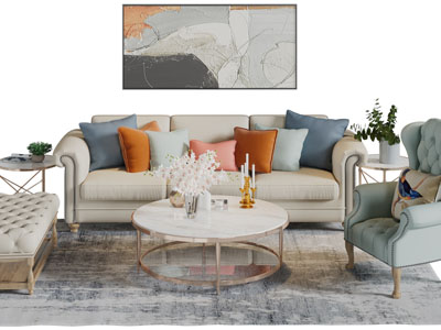 美式布艺多人、单人沙发和茶几组合