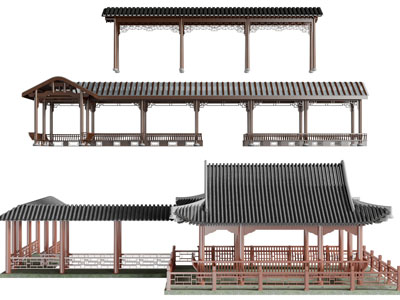 新中式花园斜顶走廊亭子
