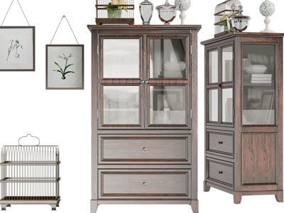 美式实木玻璃柜门的书柜、装饰柜