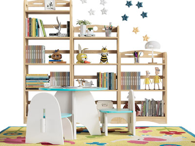 北欧儿童实木错层书架书桌椅组合