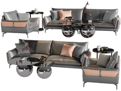 现代皮质多人、单人沙发、茶几边几组合