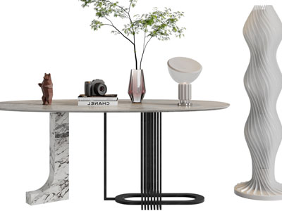 侘寂风椭圆形大理石茶几、落地灯