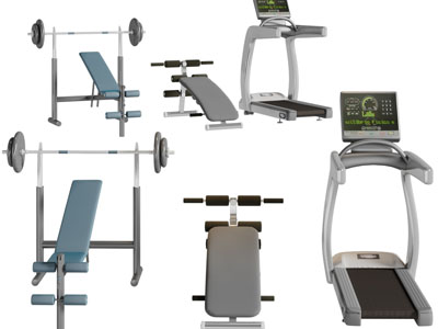 现代杠铃、跑步机体育设备3d模型 现代杠铃、跑步机体育设备