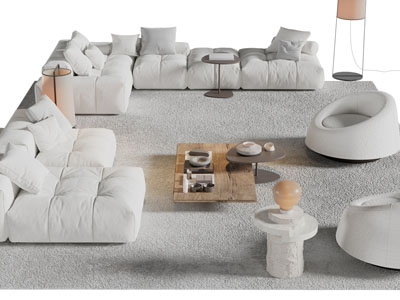 新中式布艺转角多人、单人沙发、茶几边几组合