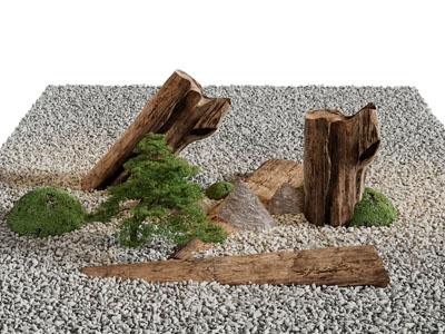 中式方形枯木、松树、石子景观园艺小品