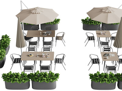 新中式户外遮阳伞、休闲餐桌椅组合