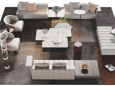 现代多人拼接沙发、单人沙发、坐凳和茶几组合