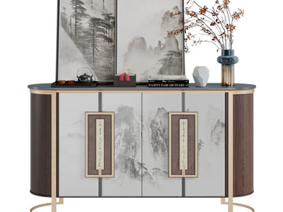 新中式玄关柜、边柜、摆件组合