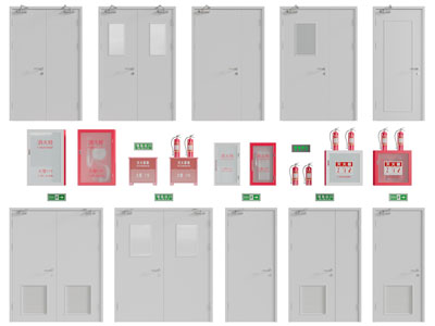 现代楼道金属双扇、单扇防火平开门、消防器材3d模型 现代楼道金属双扇、单扇防火平开门、消防器材