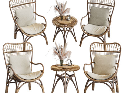 北欧藤编休闲椅子、边几组合