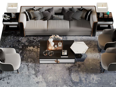 新中式多人、单人沙发和茶几组合