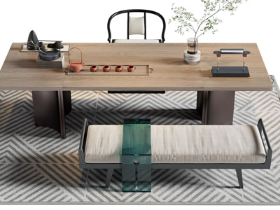 新中式长方形实木茶桌椅组合