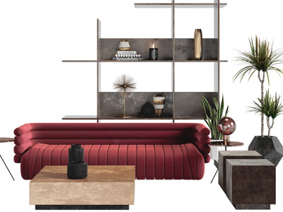 后现代多人沙发、坐凳、装饰柜和茶几组合