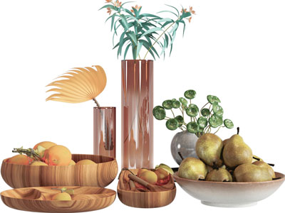 现代实木果盘、花瓶花卉摆件组合