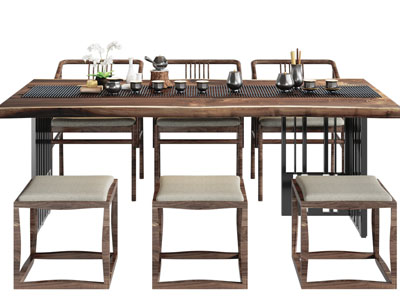 新中式长方形茶桌椅组合